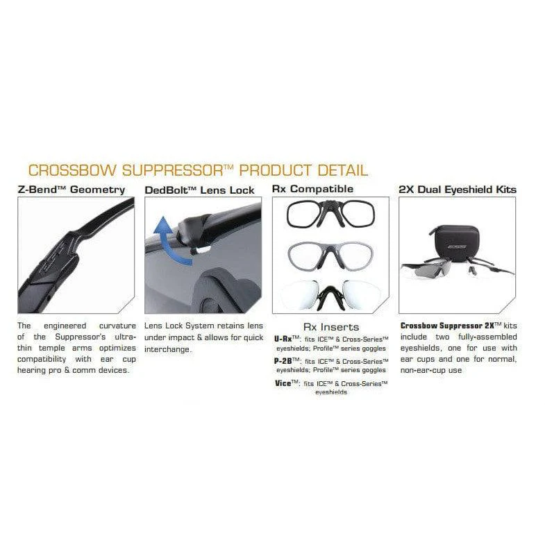 ESS Crossbow Suppressor Safety Glasses 2X Kit with Black Frames and Clear and Smoke Gray Lenses (Unit Issue) - Image 3